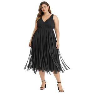 Adrianna Papell  Black Pleated Chiffon Midi Dress Sleeveless V-Neck Size 14W